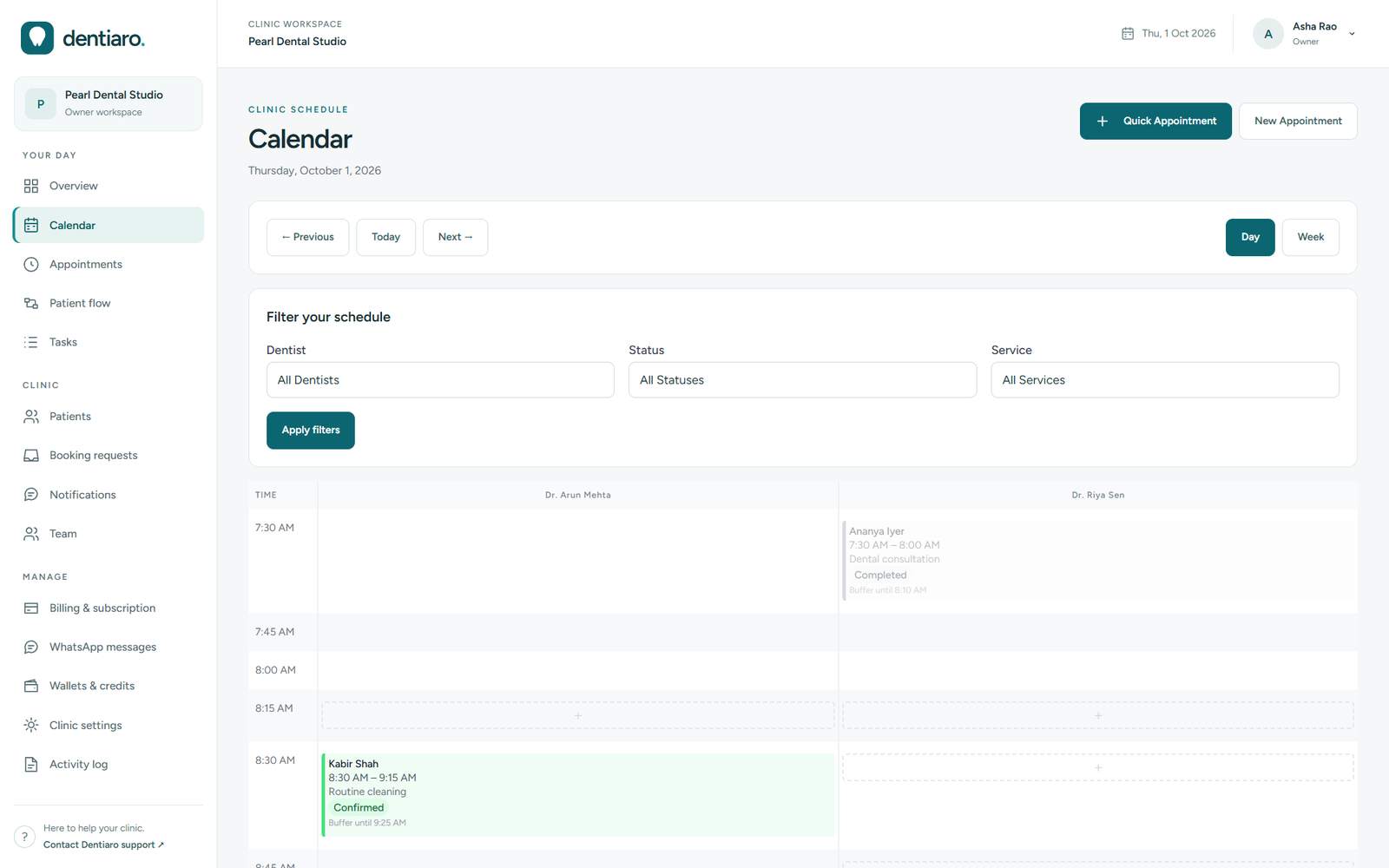 Dentiaro appointment calendar for Pearl Dental Studio with an illustrative clinic schedule