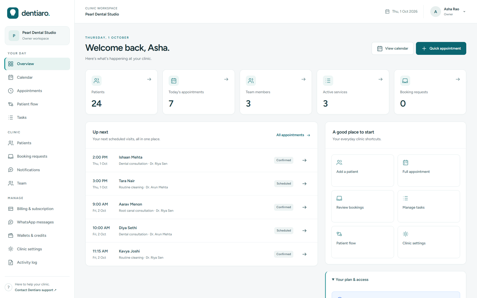 Dentiaro dashboard for Pearl Dental Studio, showing illustrative clinic information