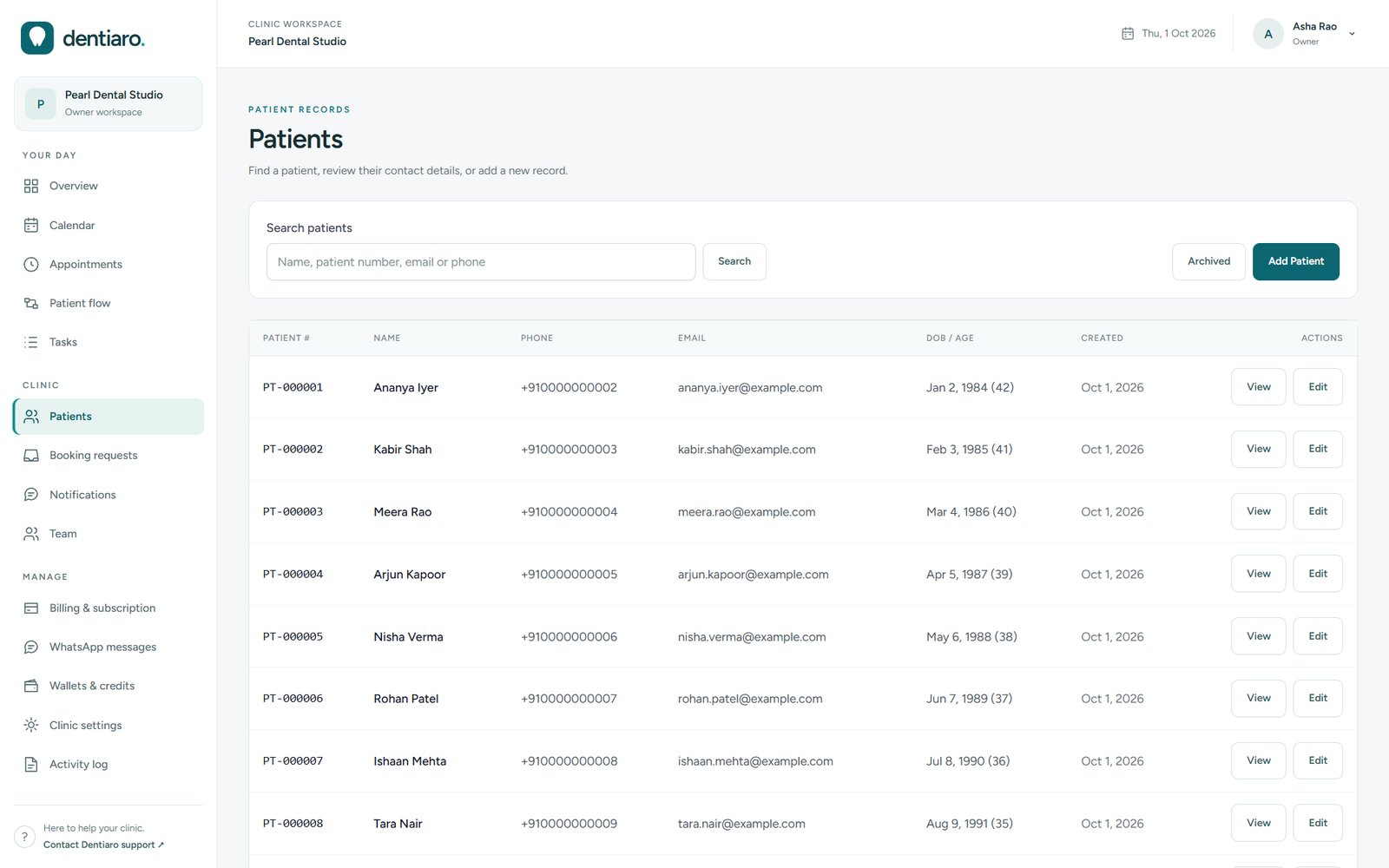 Dentiaro patient list with illustrative patient records for Pearl Dental Studio