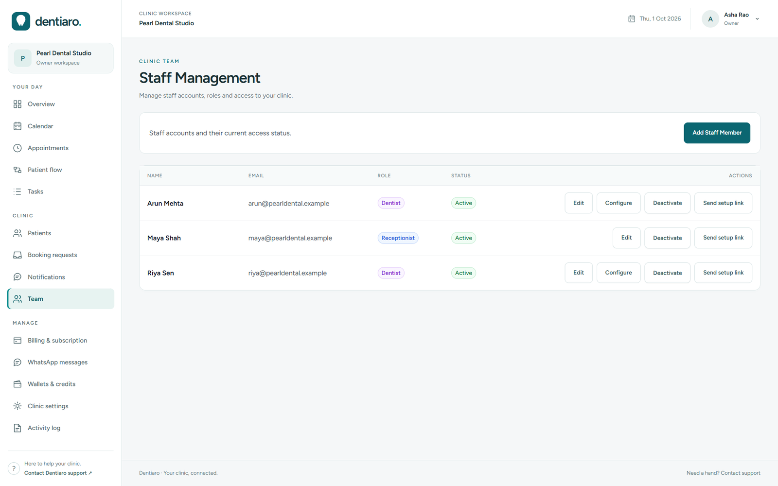 Dentiaro staff management interface — Pearl Dental Studio, illustrative clinic data